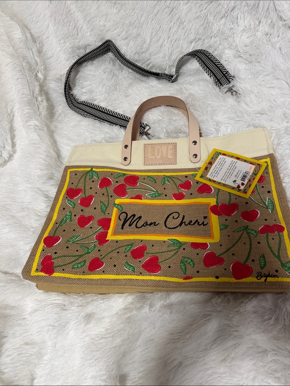 Brighton Mon Cheri Canvas Tote in Beige with Red Cherry Print and Yellow Trim